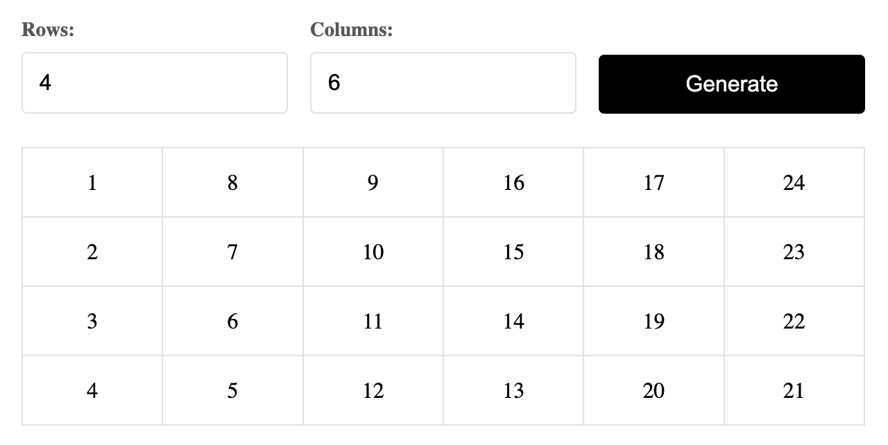 Generate a table based on the number of rows and columns entered by the user.